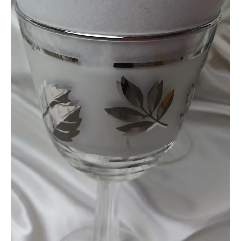 Vintage MCM Libbey Frosted Silver Leaves Water/Wine Goblets-lot of 4